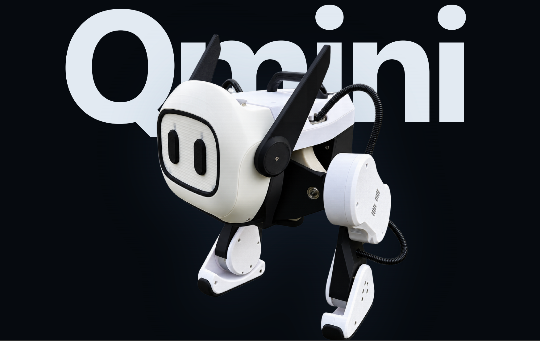 白色 Rhino Qmini 四足机器人，背景有 Qmini 字样